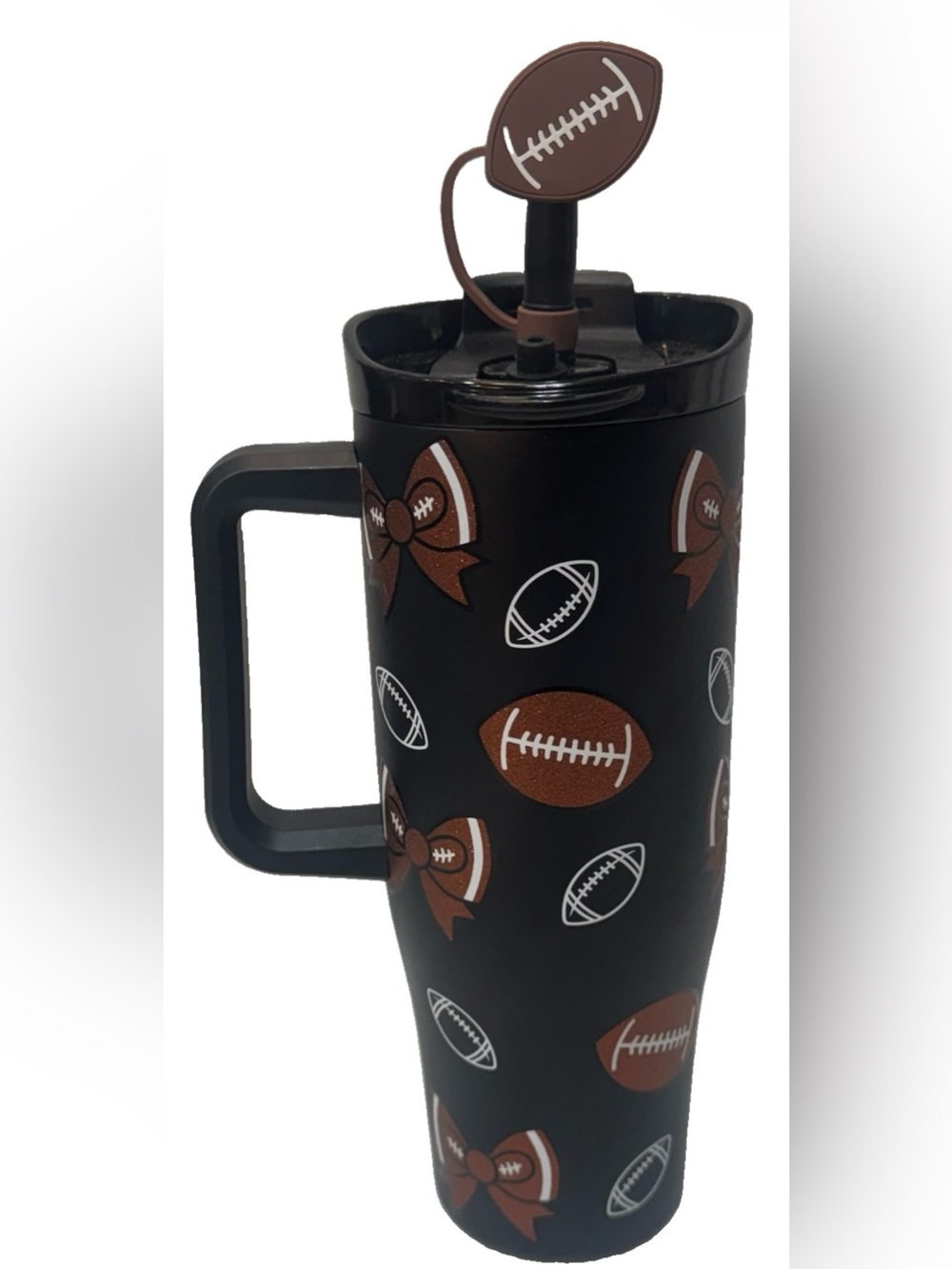 Wellness Football Thermal Tumbler 40oz w/Sparkle Footballs & Bows Football Straw